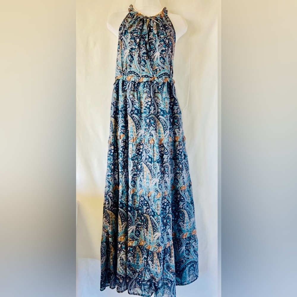 NWT Caroline Constas Blue and Orange Paisley Maxi Dress